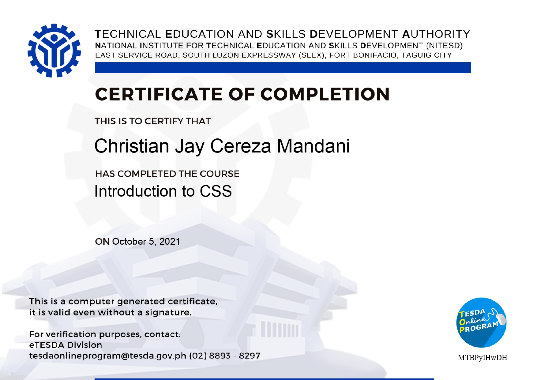 Introduction to CSS Certificate of Completion